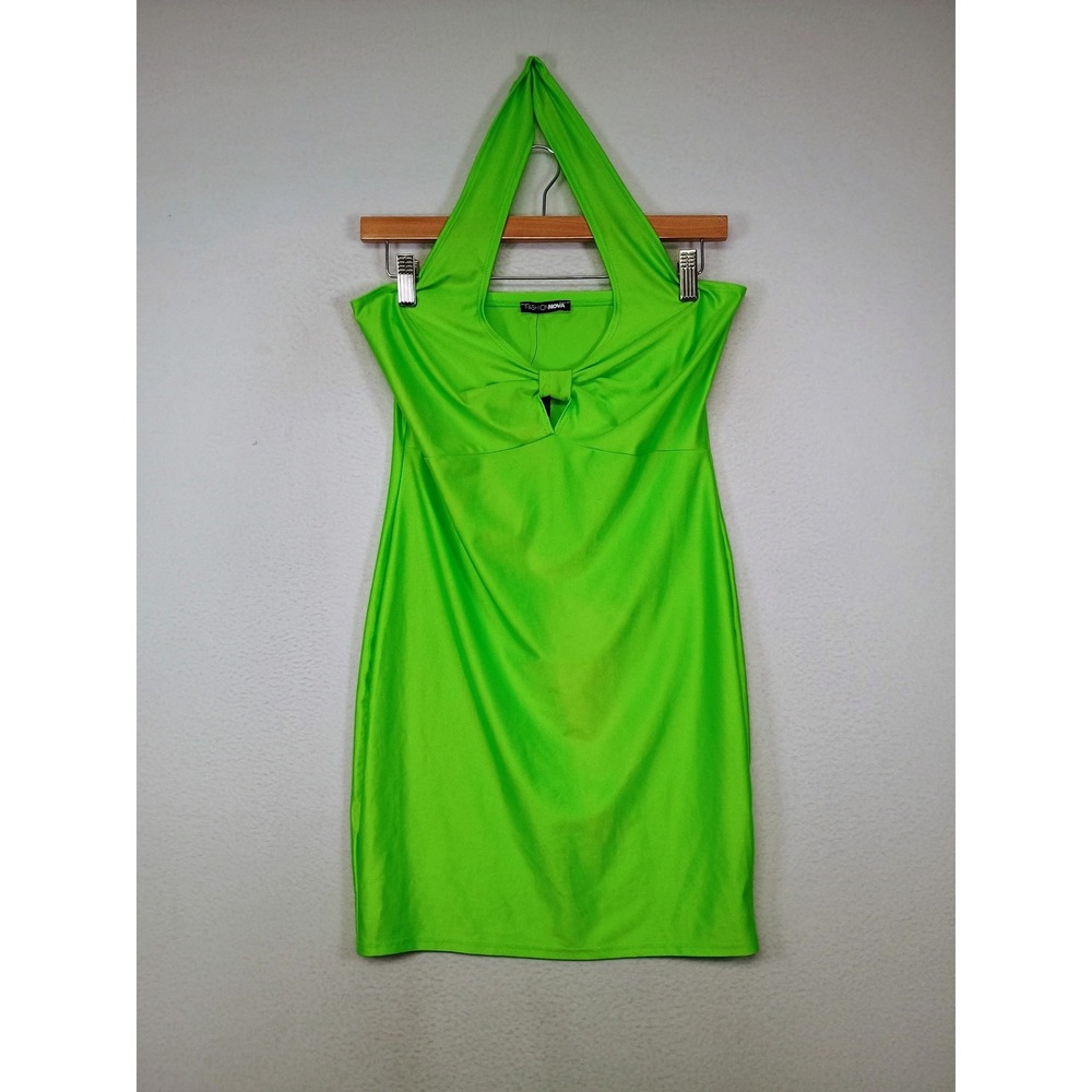 Neon Y2K Fashion Nova Womens LG Lime Green Halter Twist Front Mini Dress D5649C